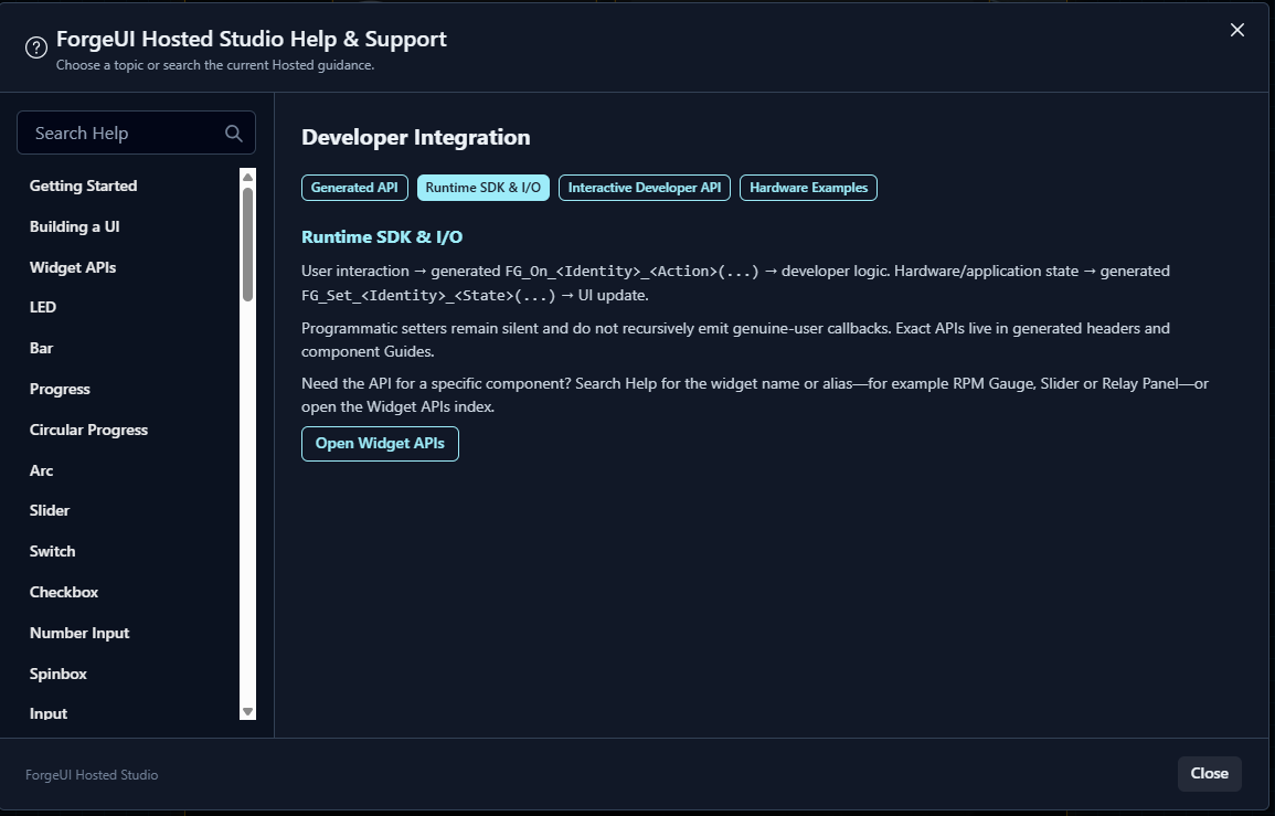 ForgeUI Hosted Studio searchable Widget SDK and firmware hookup Help.